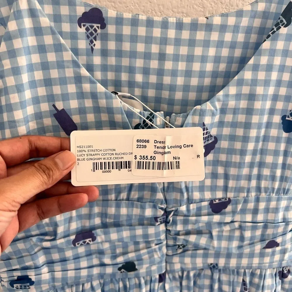 HVN Blue Lucy‎ Strappy Cotton Ruched Dress with Ice Cream Print sz 2
